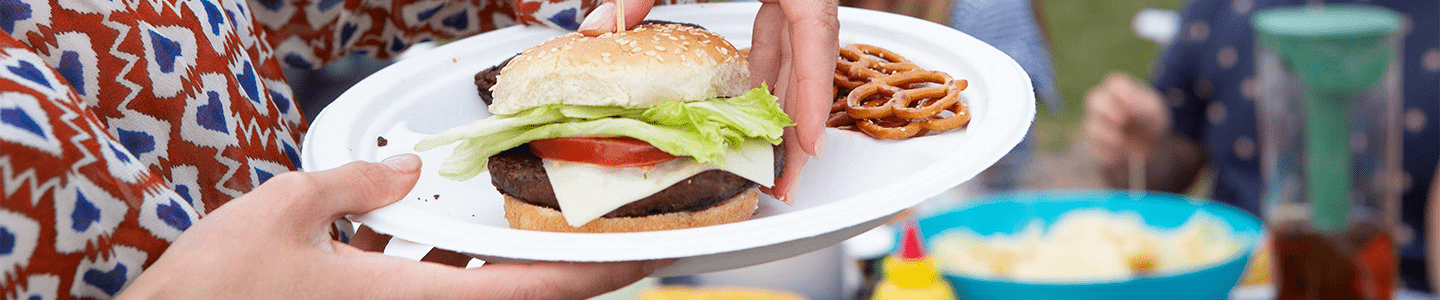 Chinet plate holding hamburger and pretzels