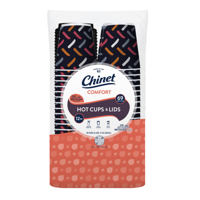 In product package rendering of Chinet Comfort 12oz cup, 69 count