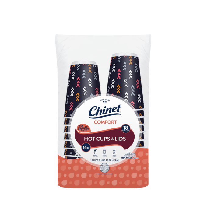 In product package rendering of Chinet Comfort 16oz cup, 18 count