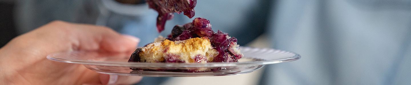 Slice of blueberry cobbler served on Chinet Crystal plate