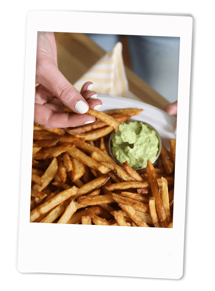 Crispy, Homemade Fries with Sriracha Mayo, Avocado-Cilantro Sauce & Beer Cheese