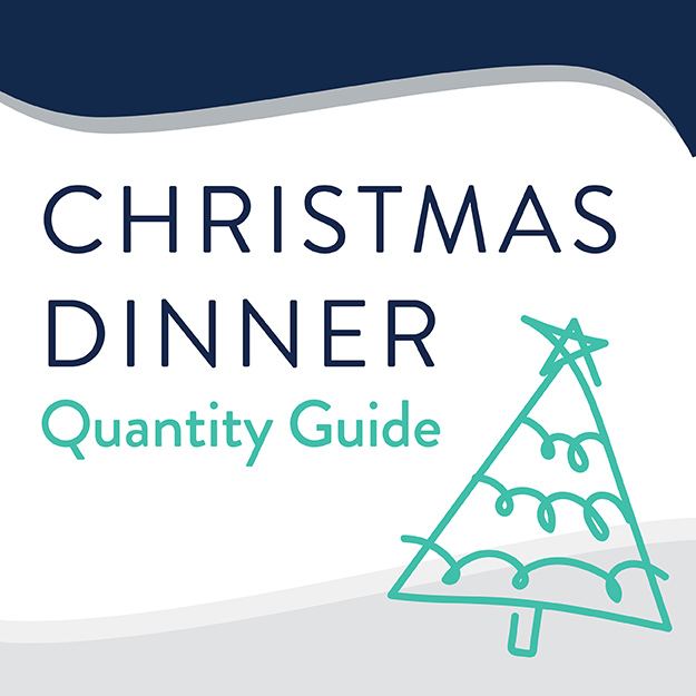 Christmas dinner quantity guide title square with illustrated doodle of a Christmas tree