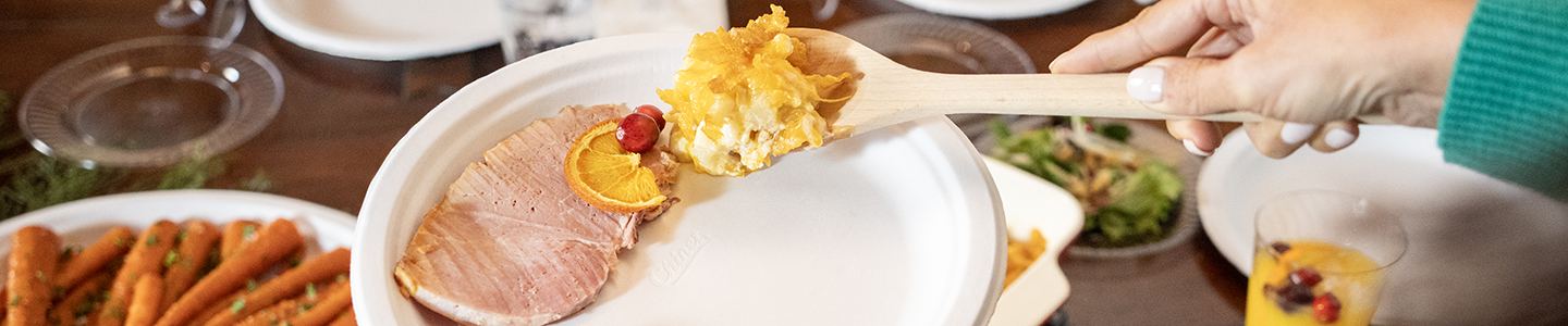 Thanksgiving dinner served on a Chinet Classic plate