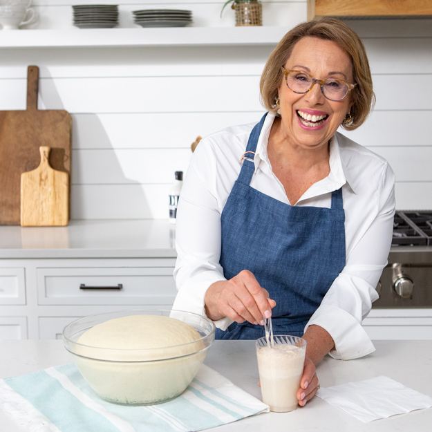 Babs mixing yeast in a Chinet Crystal cup