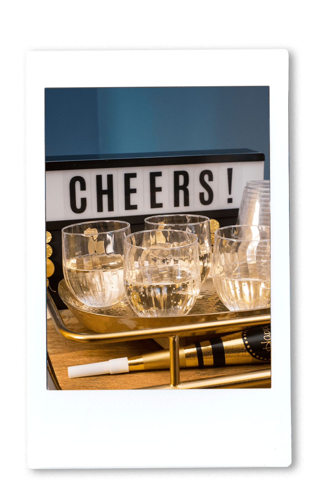 Instax Chinet Crystal stemless wine glass with champagne