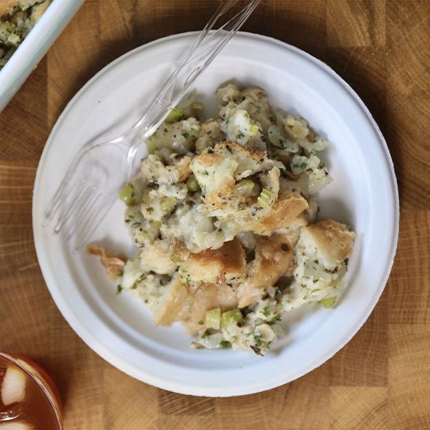 Thanksgiving stuffing on a Chinet Classic dinner plate