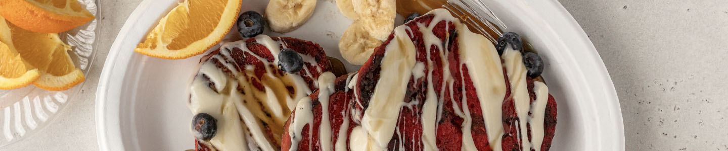Red velvet french toast on a Chinet Classic platter