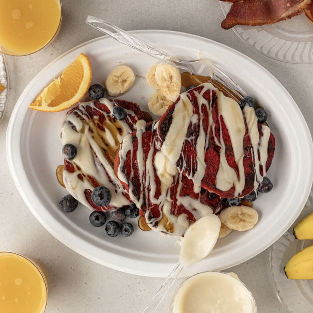 Red velvet french toast on a Chinet Classic platter