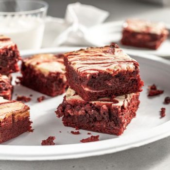 Red velvet cheesecake brownies on a Chinet Classic platter