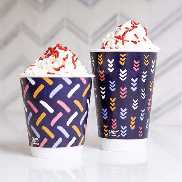 Red velvet lattes served in Chinet Comfort cups