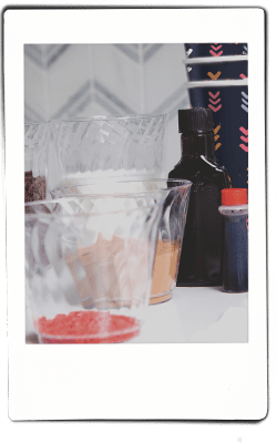 Instax of ingredients for red velvet hot chocolate in chinet crystal and comfort cups