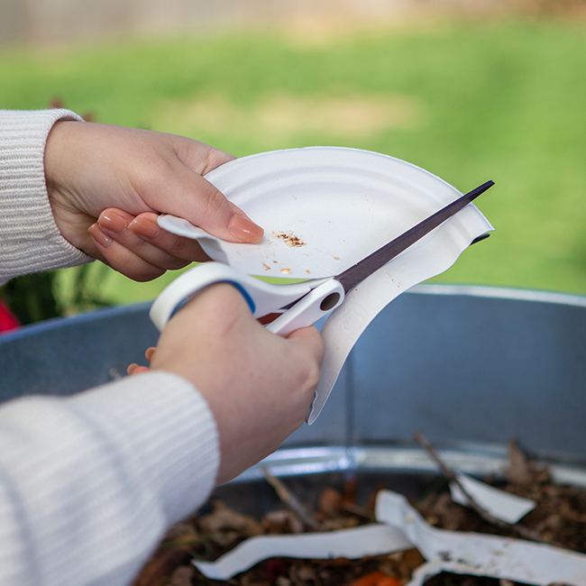 Woman cutting a Chinet Classic plate into a compost bin
