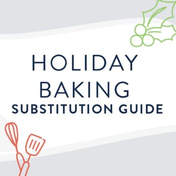 Holiday baking substitution guide title square with illustration doodles of mixing tools and holly