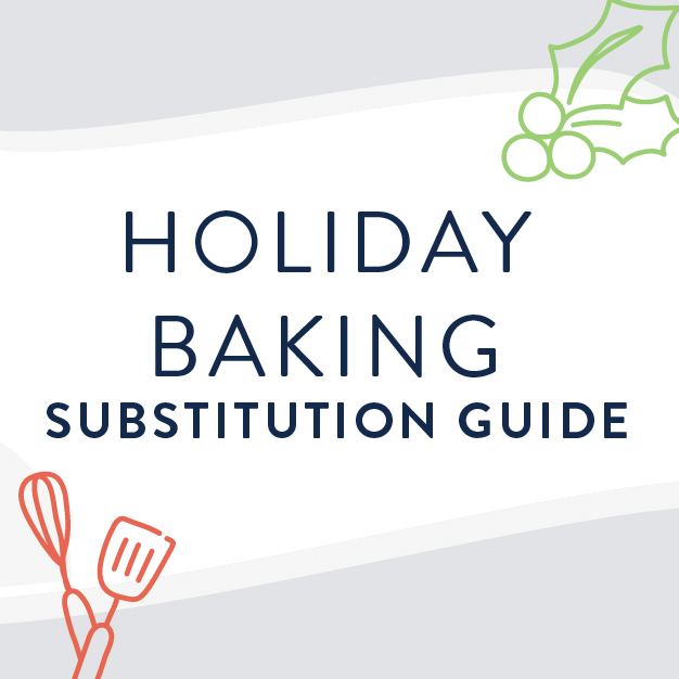 Holiday baking substitution guide title square with illustration doodles of mixing tools and holly