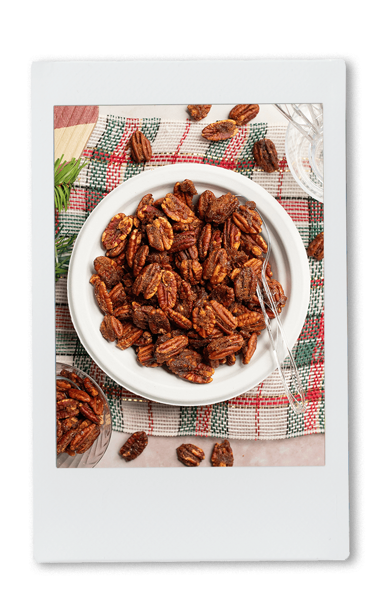 Instax picture of a bowl of pecans in a Chinet Classic bowl