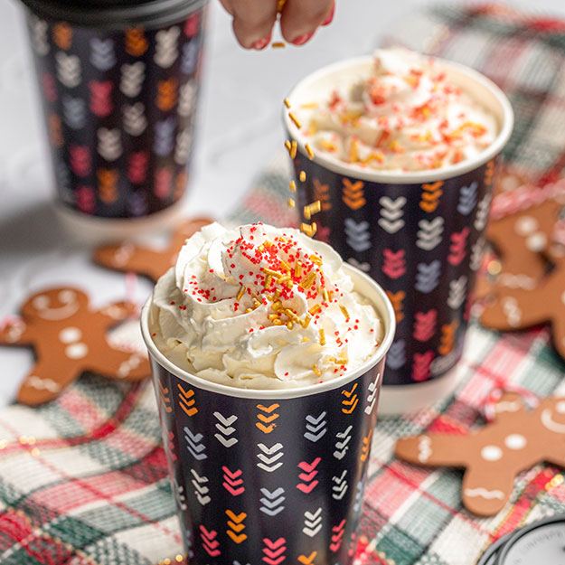 Gingerbread lattes served in Chinet Comfort Cups with whipped cream on top