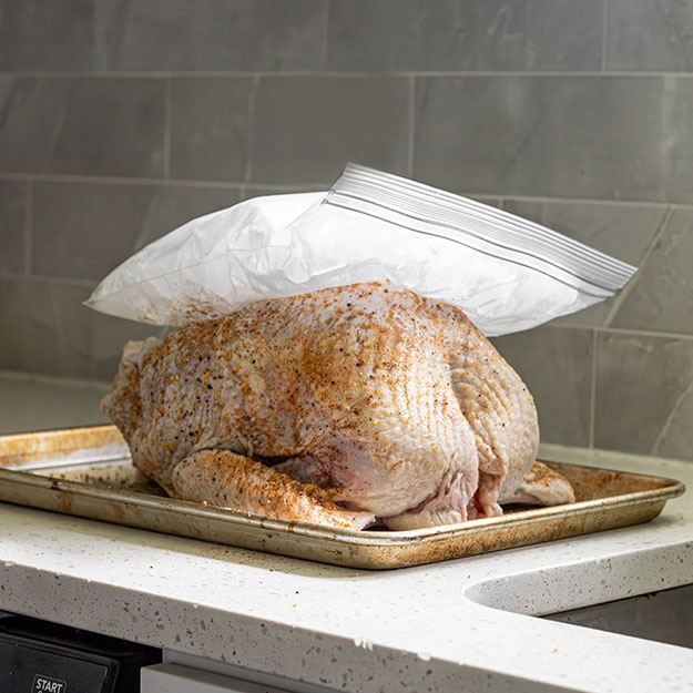 A bag of ice resting on a raw turkey