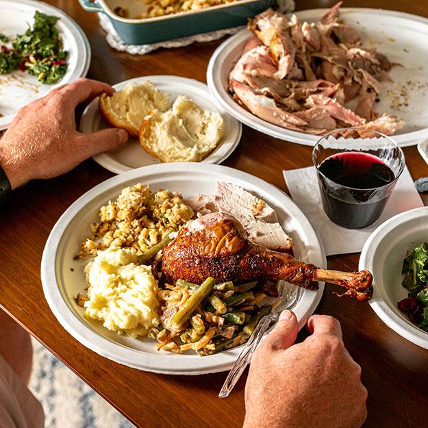 Thanksgiving meal plated on Chinet Classic plates