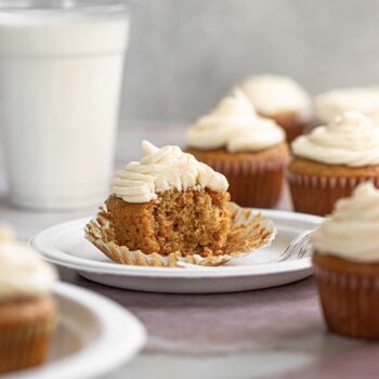 Carrot cake cupcake served on a Chinet Classic plate