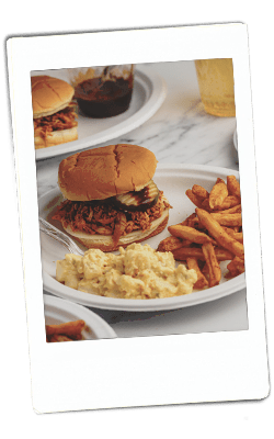 Instax of shredded BBQ chicken sandwiches on a Chinet plate with fires and potato salad