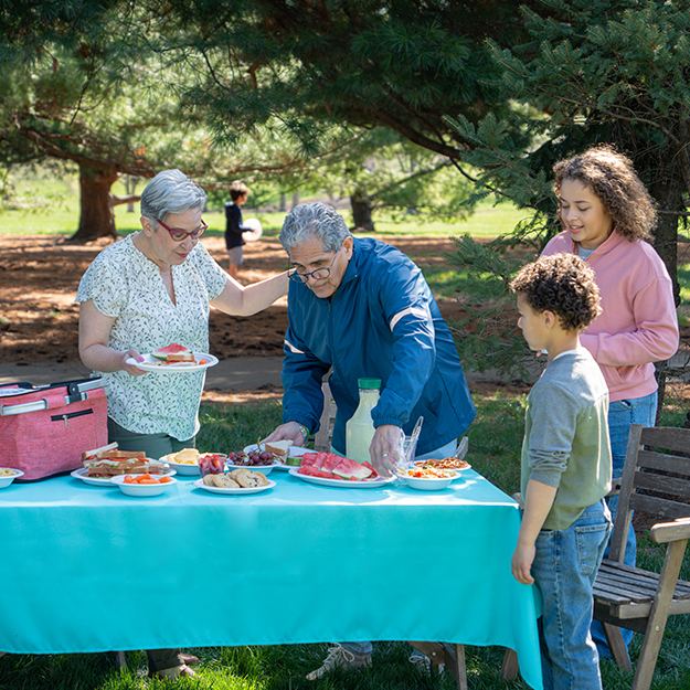 A spread of picnic foods served on Chinet Classic plates and bowls.