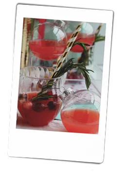 Instax picture of a cranberry cocktail in a Chinet Crystal stemless wine glass