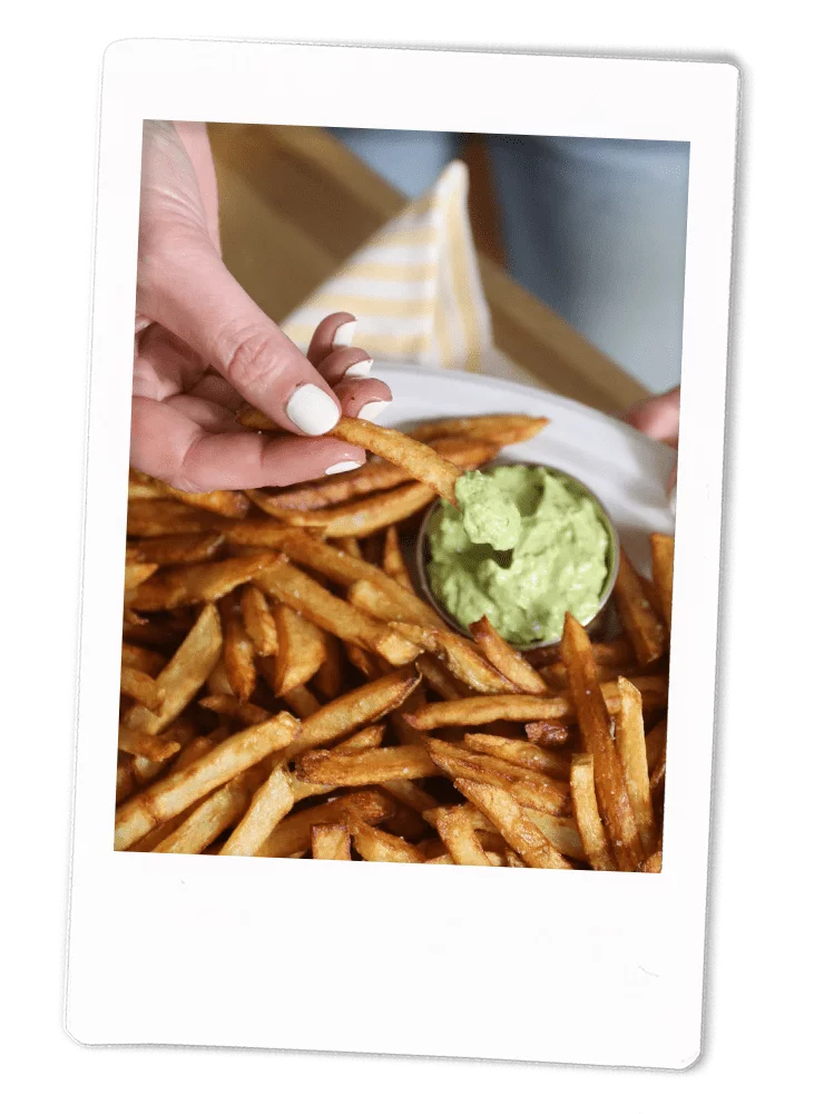 Crispy, Homemade Fries with Sriracha Mayo, Avocado-Cilantro Sauce & Beer Cheese