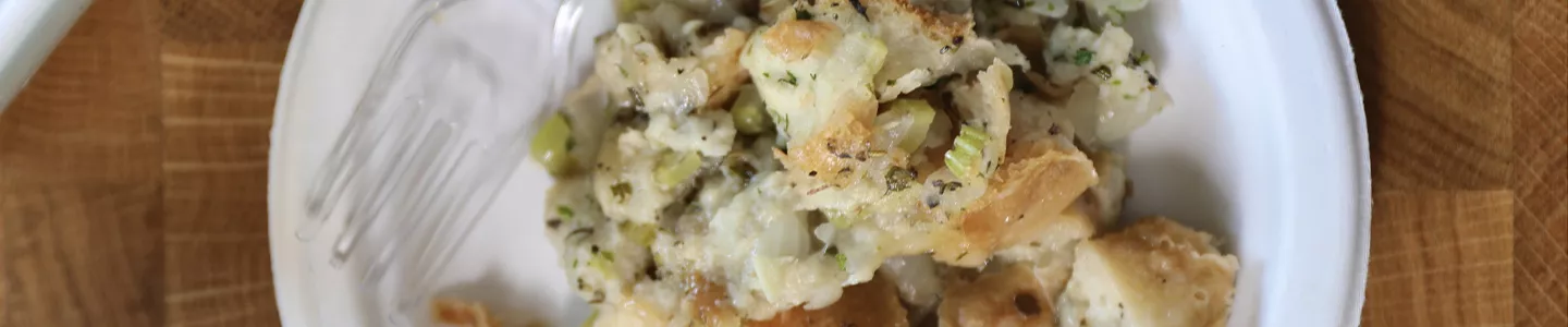 Thanksgiving stuffing on a Chinet Classic dinner plate