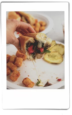 Instax picture of chicken and mushroom cheesesteak served on a Chinet Classic plate