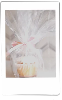 Instax picture of a cupcake in a Chinet Crystal 9oz cup wrapped in clear wrap