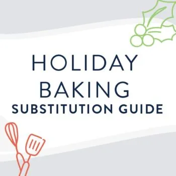 Holiday baking substitution guide title square with illustration doodles of mixing tools and holly