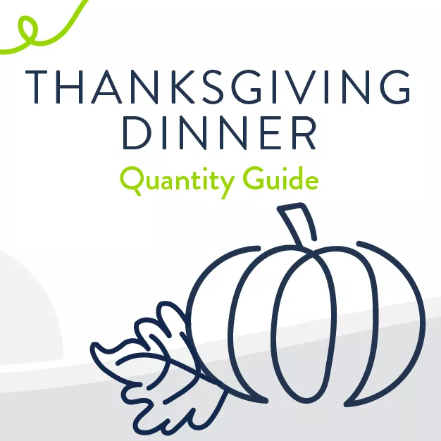 Thanksgiving dinner quantity guide title square with illustrated doodle of a pumpkin