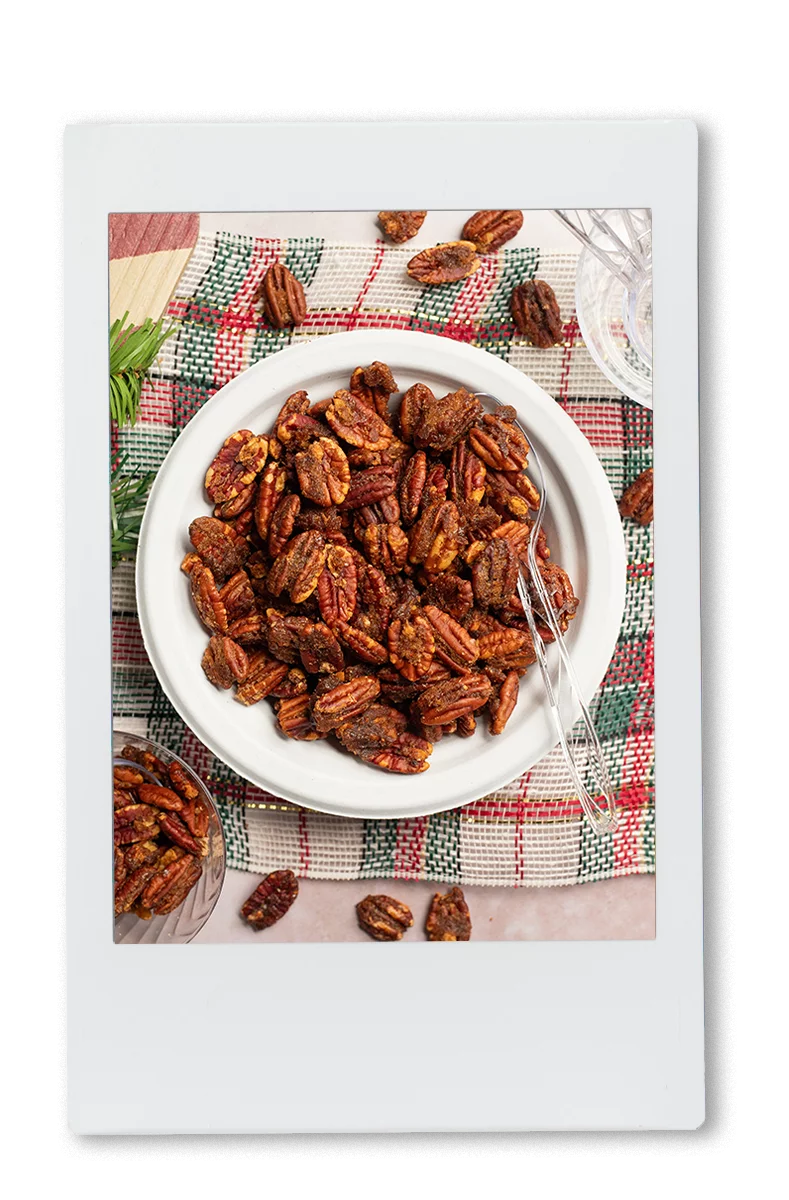 Instax picture of a bowl of pecans in a Chinet Classic bowl