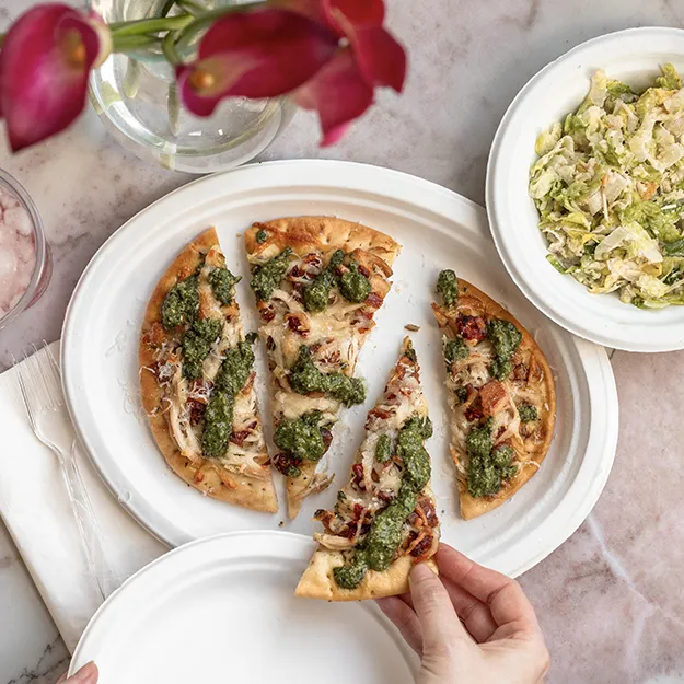 Chicken Pesto Flatbread served on a chinet classic platter