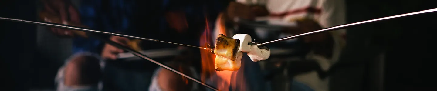 Marshmallows roasting on a stick over a campfire