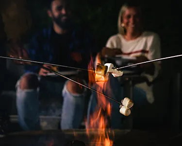 Marshmallows roasting on a stick over a campfire